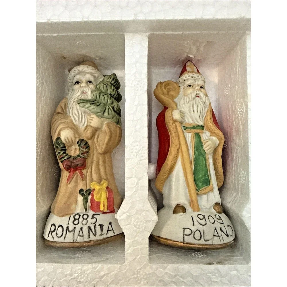 Vintage Set Of Santas From Around the World Porcelain  Handpainted 12 Set w/ Box